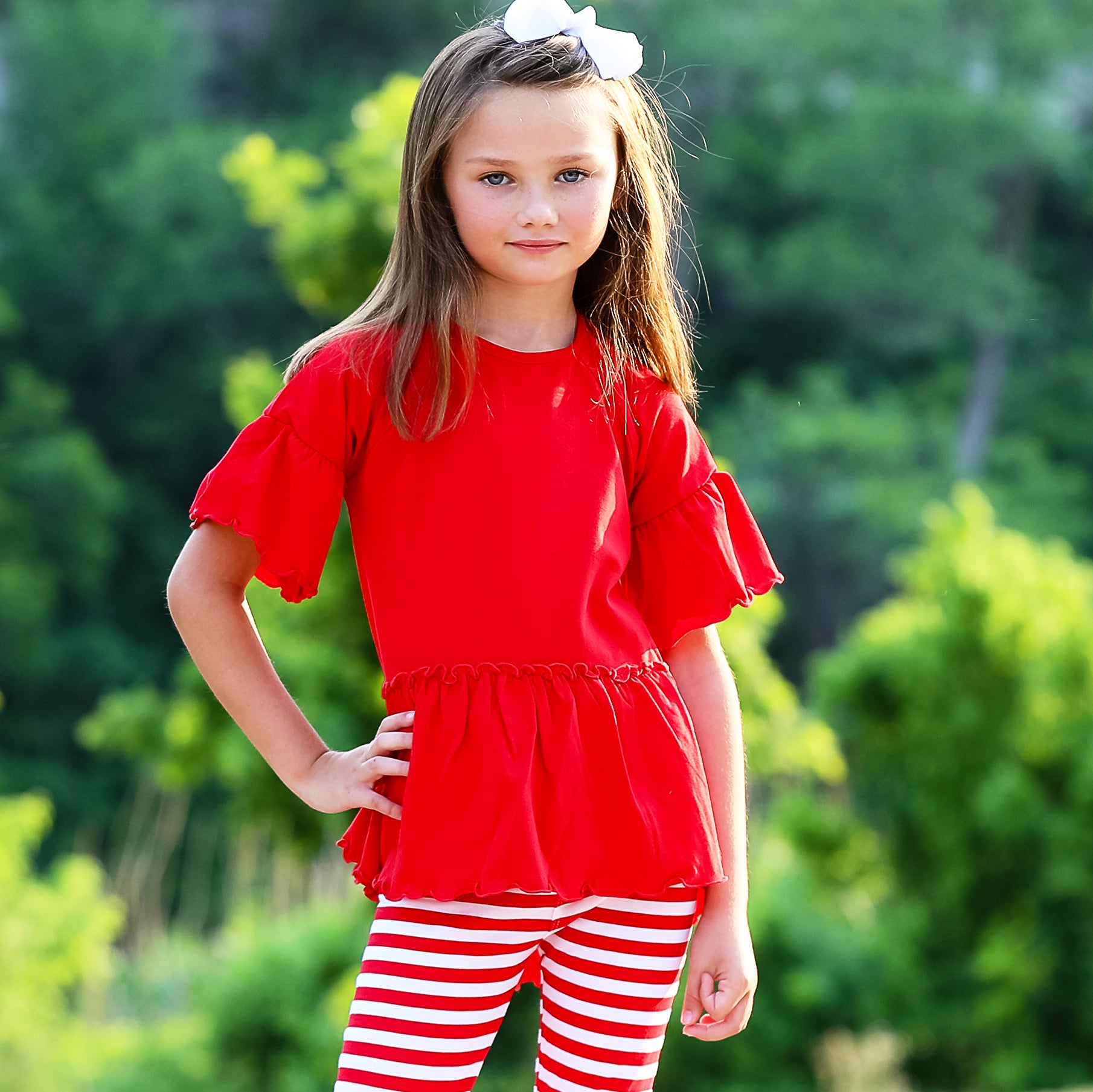 AnnLoren Little & Big Girls 3/4 Angel Sleeve Red Cotton Knit Ruffle top with bell sleeves and flowy silhouette.